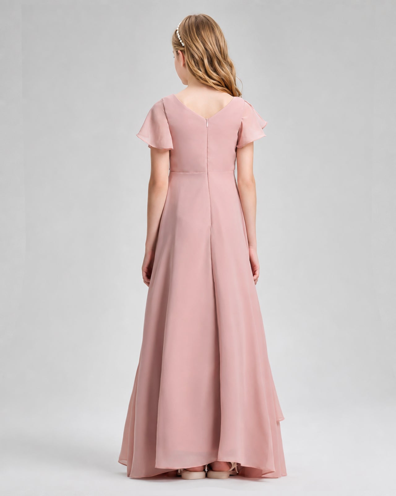 Dideyttawl Junior Bridesmaid Dress with Flutter Sleeves and Side Slit Chiffon Gown サブ画像