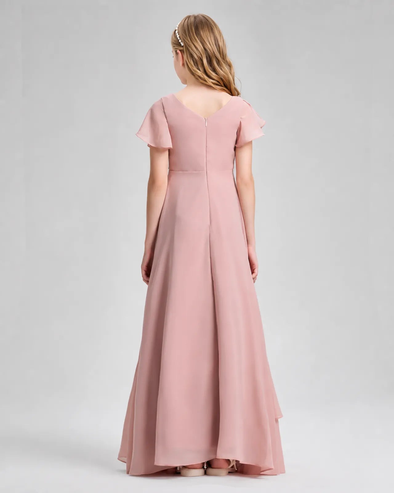 Dusty Rose Chiffon A-line Junior Bridesmaid Dress Back View