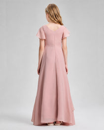 Dideyttawl Junior Bridesmaid Dress with Flutter Sleeves and Side Slit Chiffon Gown