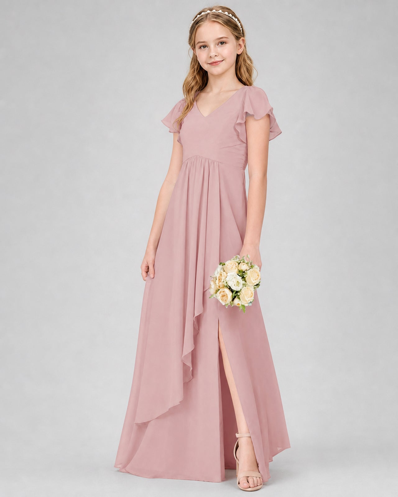 Dideyttawl Junior Bridesmaid Dress with Flutter Sleeves and Side Slit Chiffon Gown メイン画像