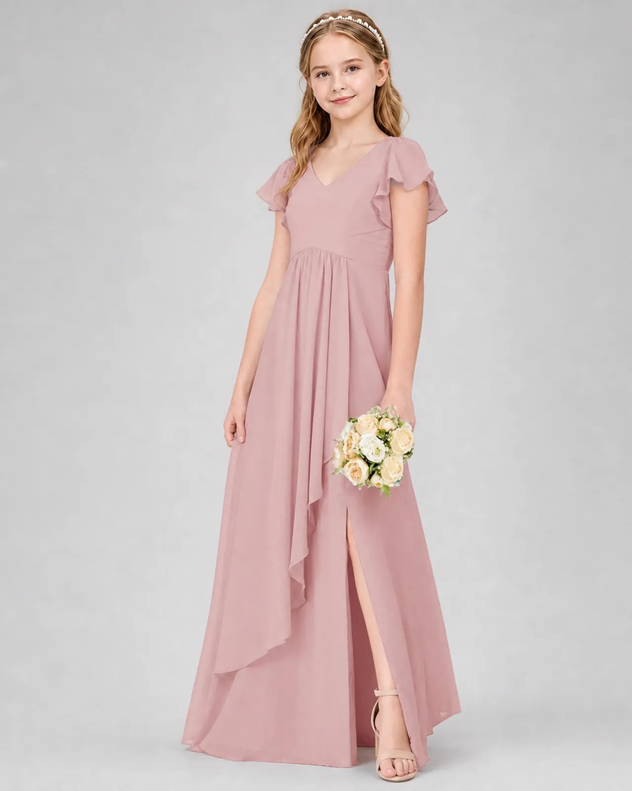 Dusty Rose Chiffon A-line Junior Bridesmaid Dress Front View