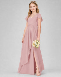 Dideyttawl Junior Bridesmaid Dress with Flutter Sleeves and Side Slit Chiffon Gown