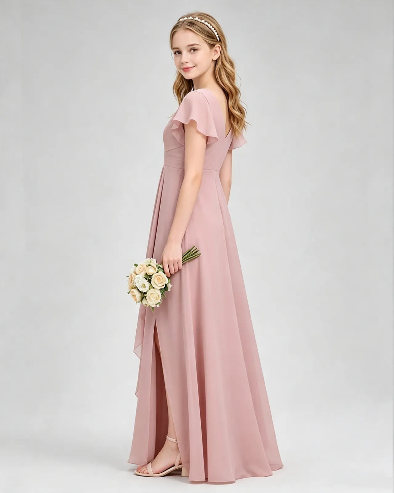 Dusty Rose Chiffon A-line Junior Bridesmaid Dress Side View
