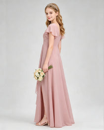 Dideyttawl Junior Bridesmaid Dress with Flutter Sleeves and Side Slit Chiffon Gown