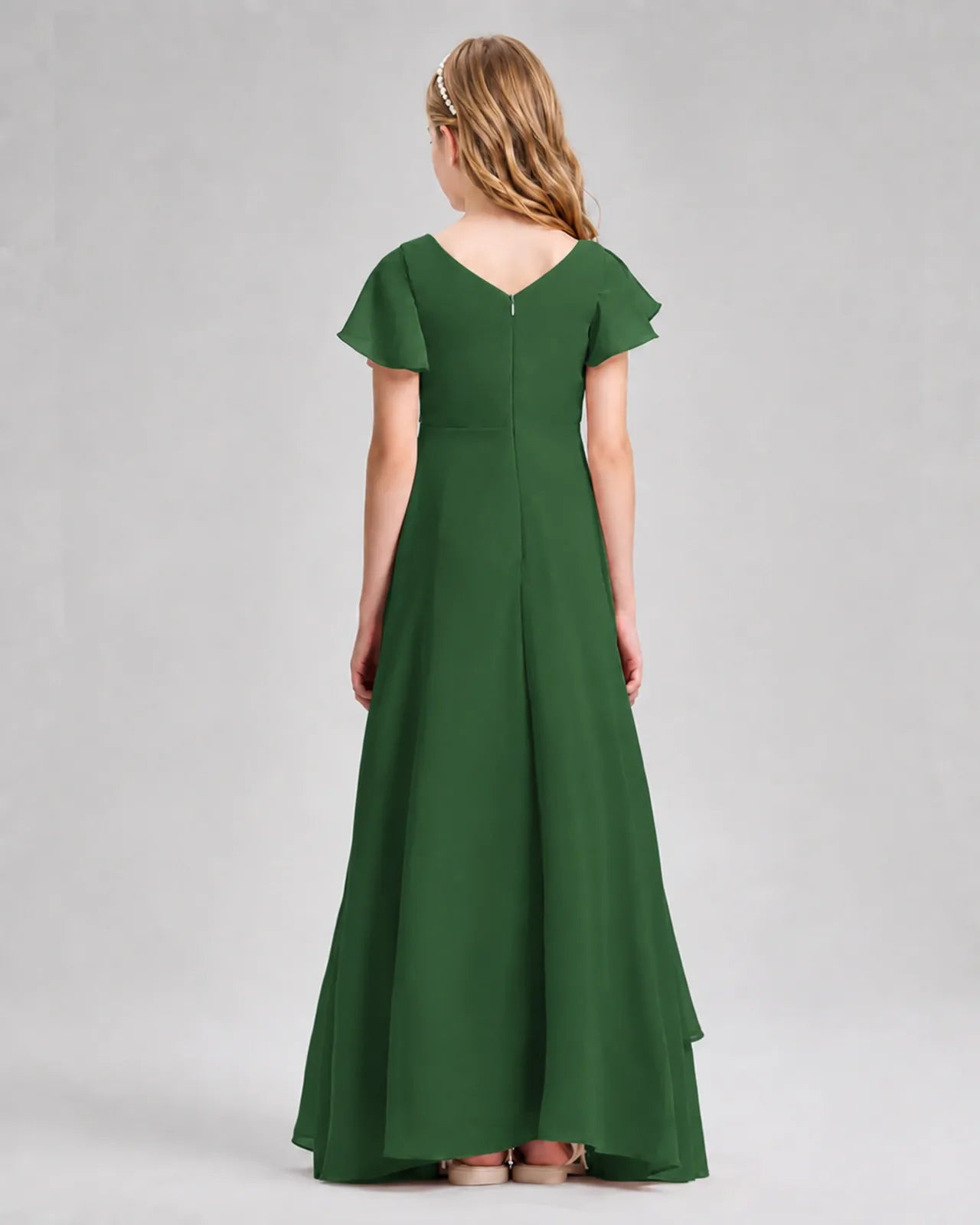 Emerald Green Chiffon A-line Junior Bridesmaid Dress Back View