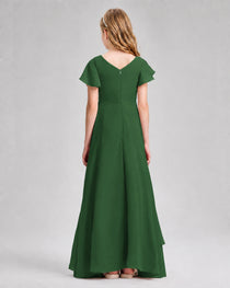 Dideyttawl Junior Bridesmaid Dress with Flutter Sleeves and Side Slit Chiffon Gown