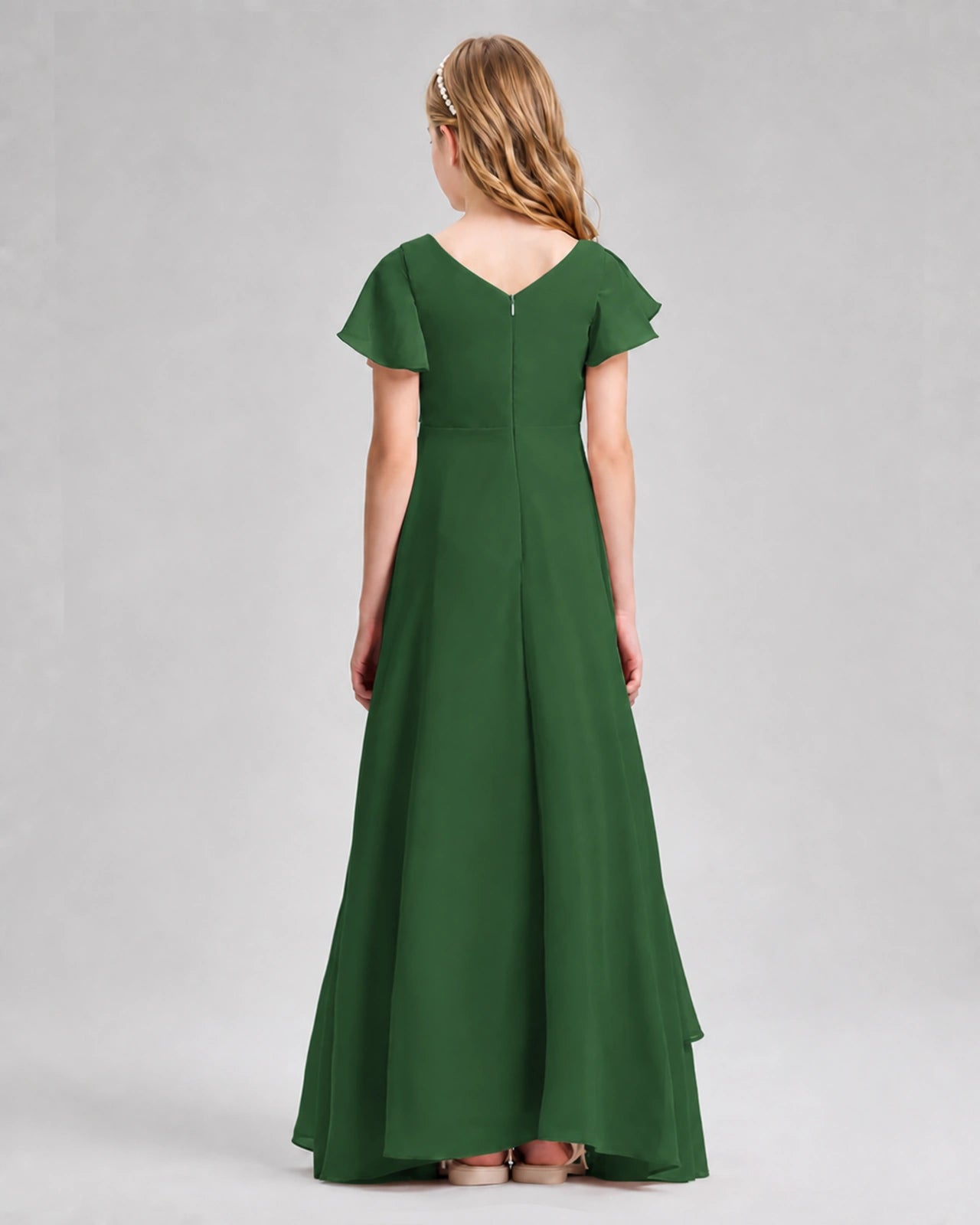Dideyttawl Junior Bridesmaid Dress with Flutter Sleeves and Side Slit Chiffon Gown