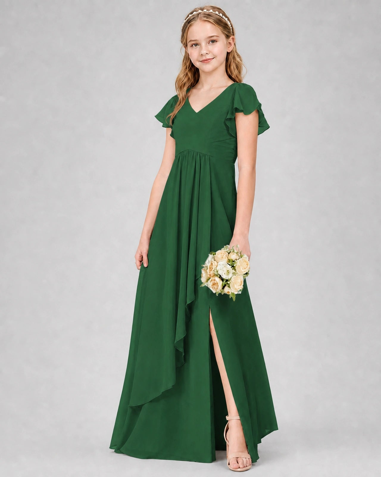 Dideyttawl Junior Bridesmaid Dress with Flutter Sleeves and Side Slit Chiffon Gown