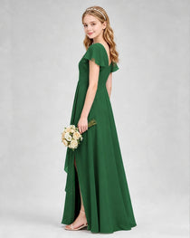 Dideyttawl Junior Bridesmaid Dress with Flutter Sleeves and Side Slit Chiffon Gown