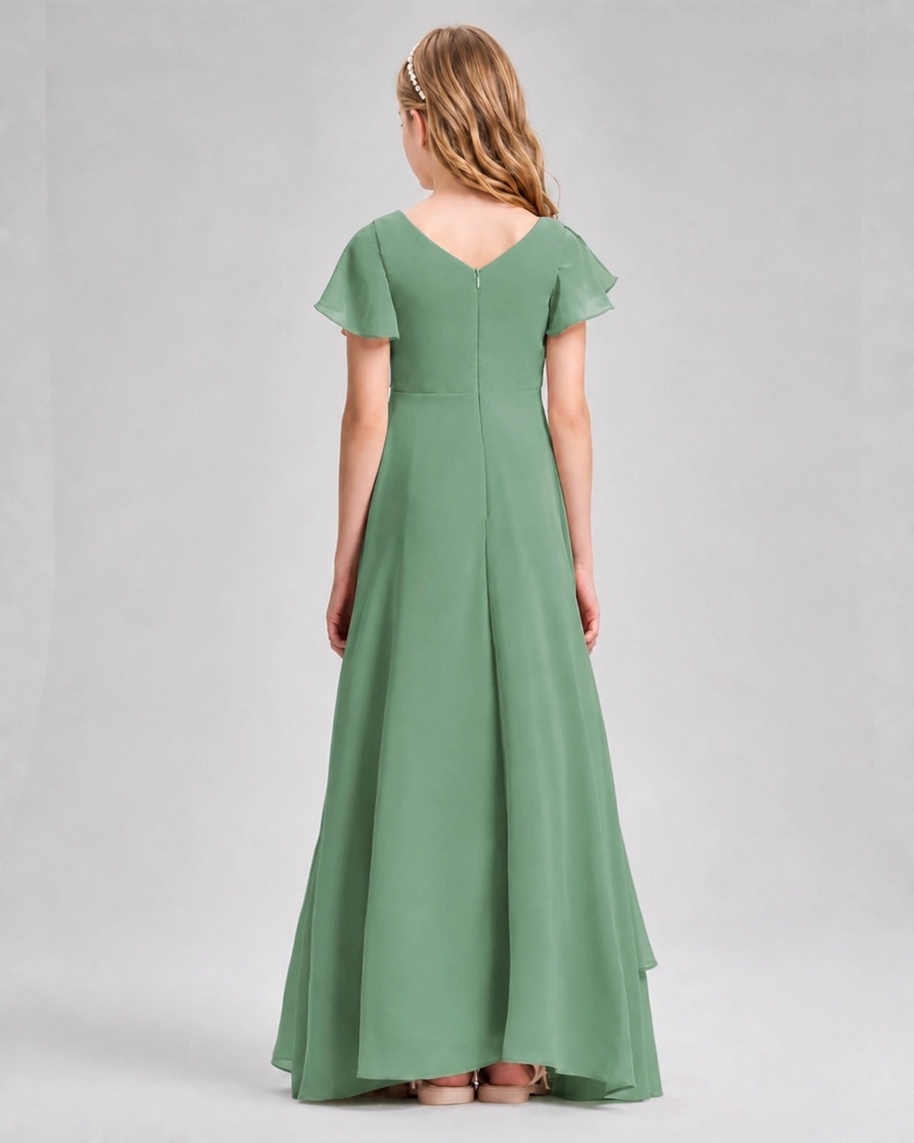 Dideyttawl Junior Bridesmaid Dress with Flutter Sleeves and Side Slit Chiffon Gown