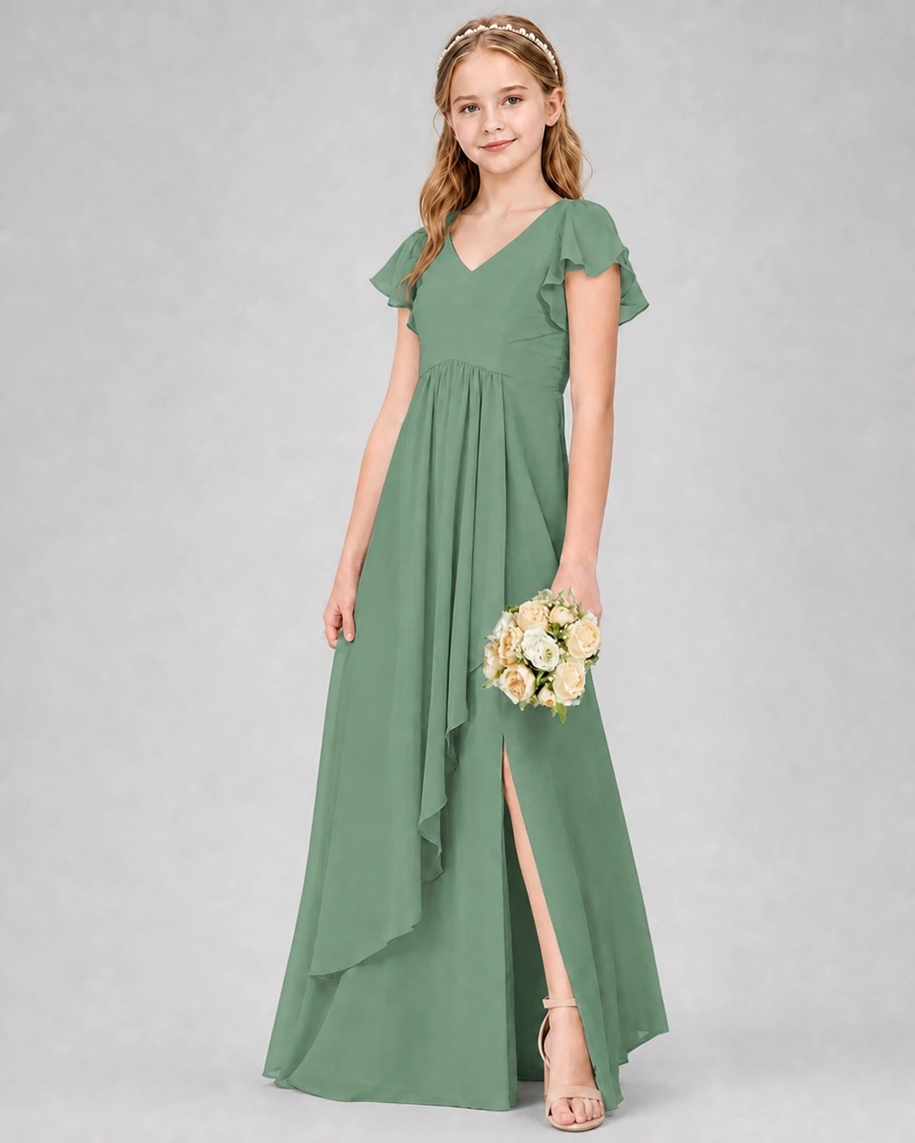 Dideyttawl Junior Bridesmaid Dress with Flutter Sleeves and Side Slit Chiffon Gown