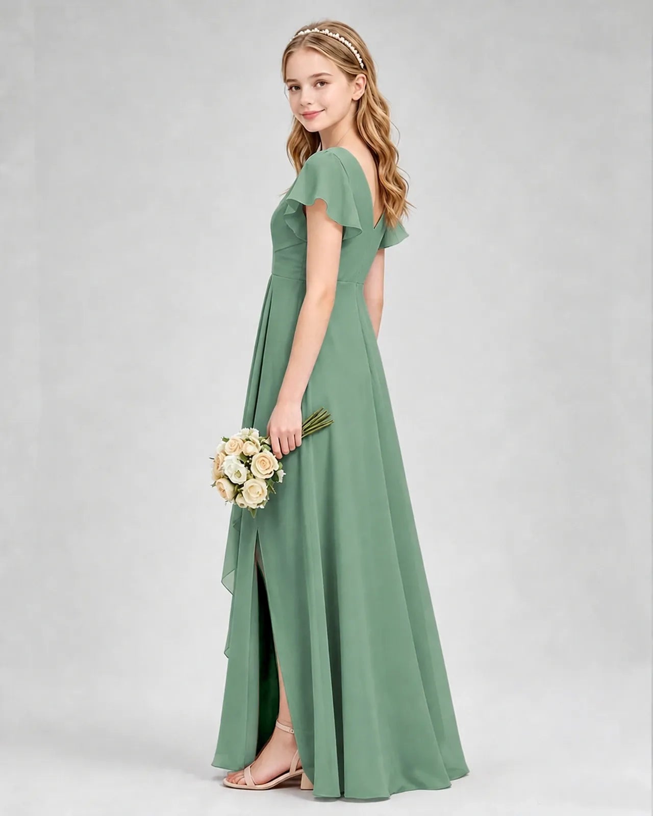 Eucalyptus Chiffon A-line Junior Bridesmaid Dress Side View