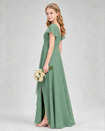 Dideyttawl Junior Bridesmaid Dress with Flutter Sleeves and Side Slit Chiffon Gown