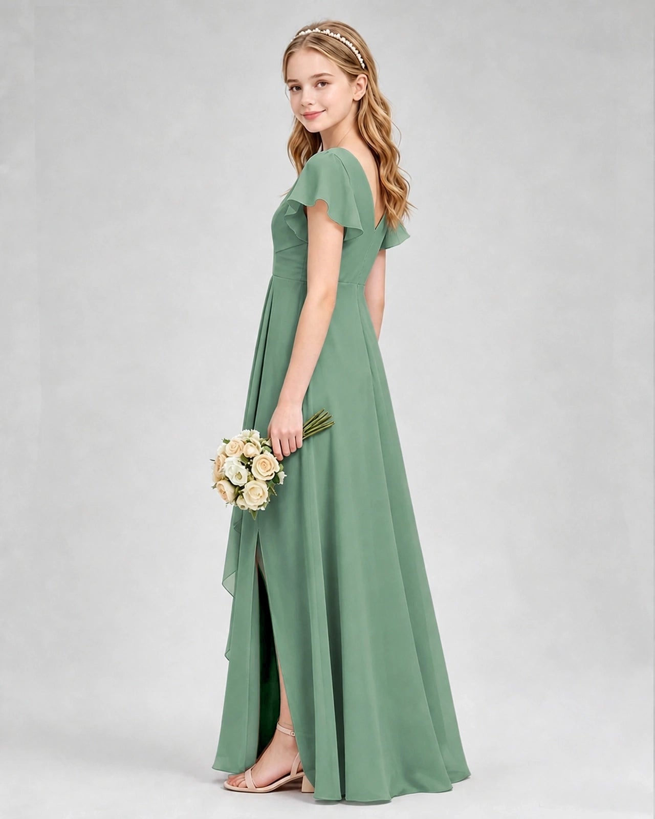 Dideyttawl Junior Bridesmaid Dress with Flutter Sleeves and Side Slit Chiffon Gown