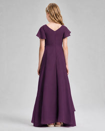 Dideyttawl Junior Bridesmaid Dress with Flutter Sleeves and Side Slit Chiffon Gown