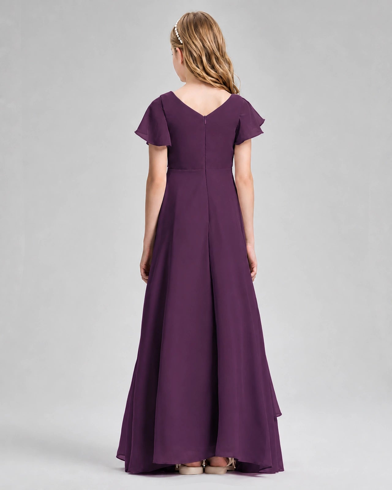 Dideyttawl Junior Bridesmaid Dress with Flutter Sleeves and Side Slit Chiffon Gown