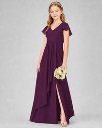 Dideyttawl Junior Bridesmaid Dress with Flutter Sleeves and Side Slit Chiffon Gown