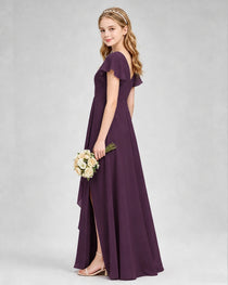 Dideyttawl Junior Bridesmaid Dress with Flutter Sleeves and Side Slit Chiffon Gown