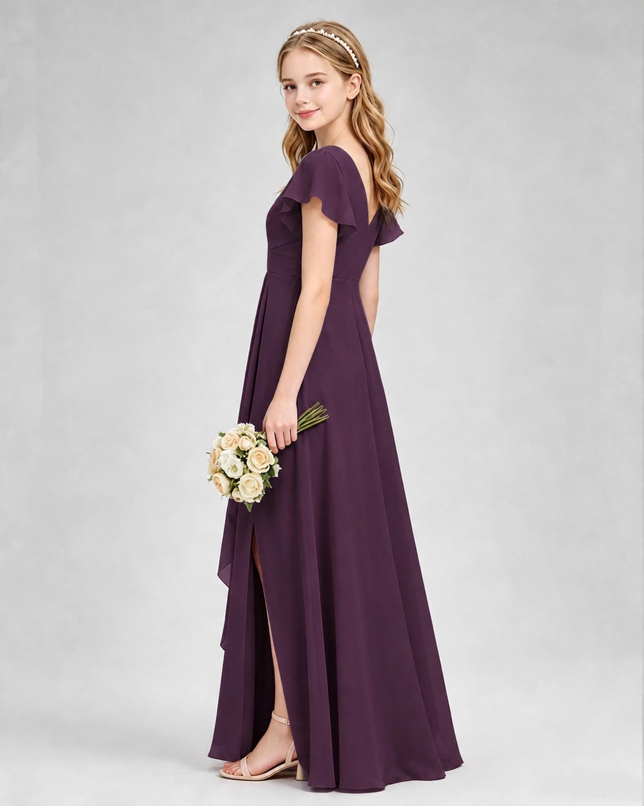 Dideyttawl Junior Bridesmaid Dress with Flutter Sleeves and Side Slit Chiffon Gown