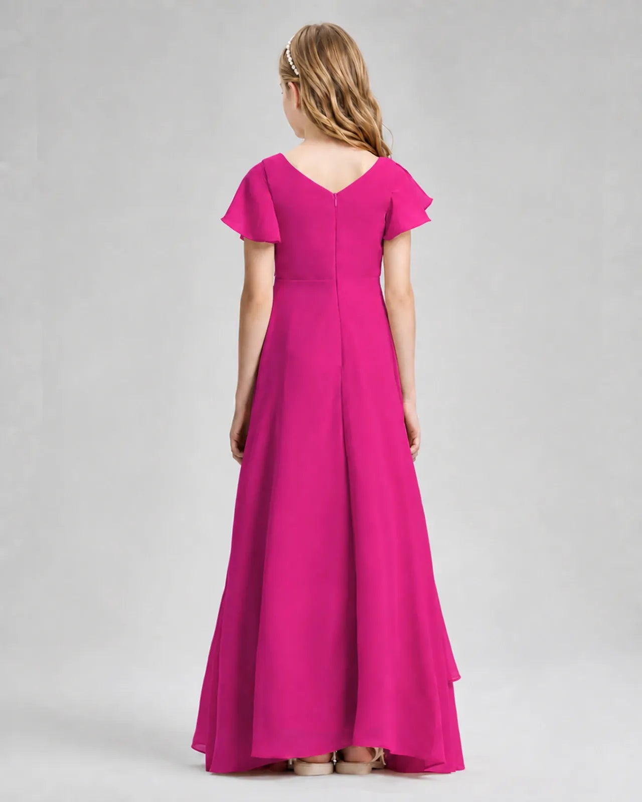 Hot Pink Chiffon A-line Junior Bridesmaid Dress Back View