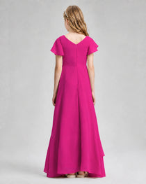 Dideyttawl Junior Bridesmaid Dress with Flutter Sleeves and Side Slit Chiffon Gown