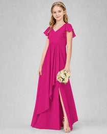Dideyttawl Junior Bridesmaid Dress with Flutter Sleeves and Side Slit Chiffon Gown