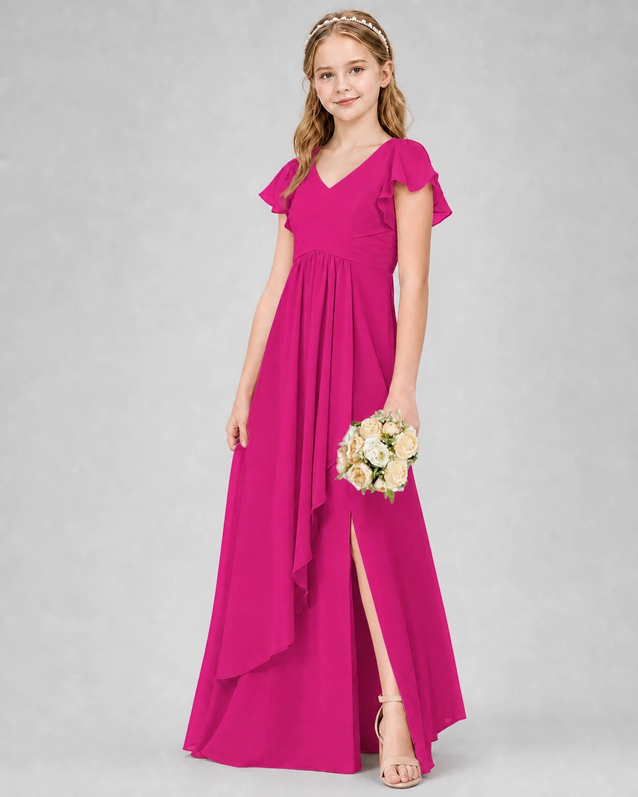 Dideyttawl Junior Bridesmaid Dress with Flutter Sleeves and Side Slit Chiffon Gown