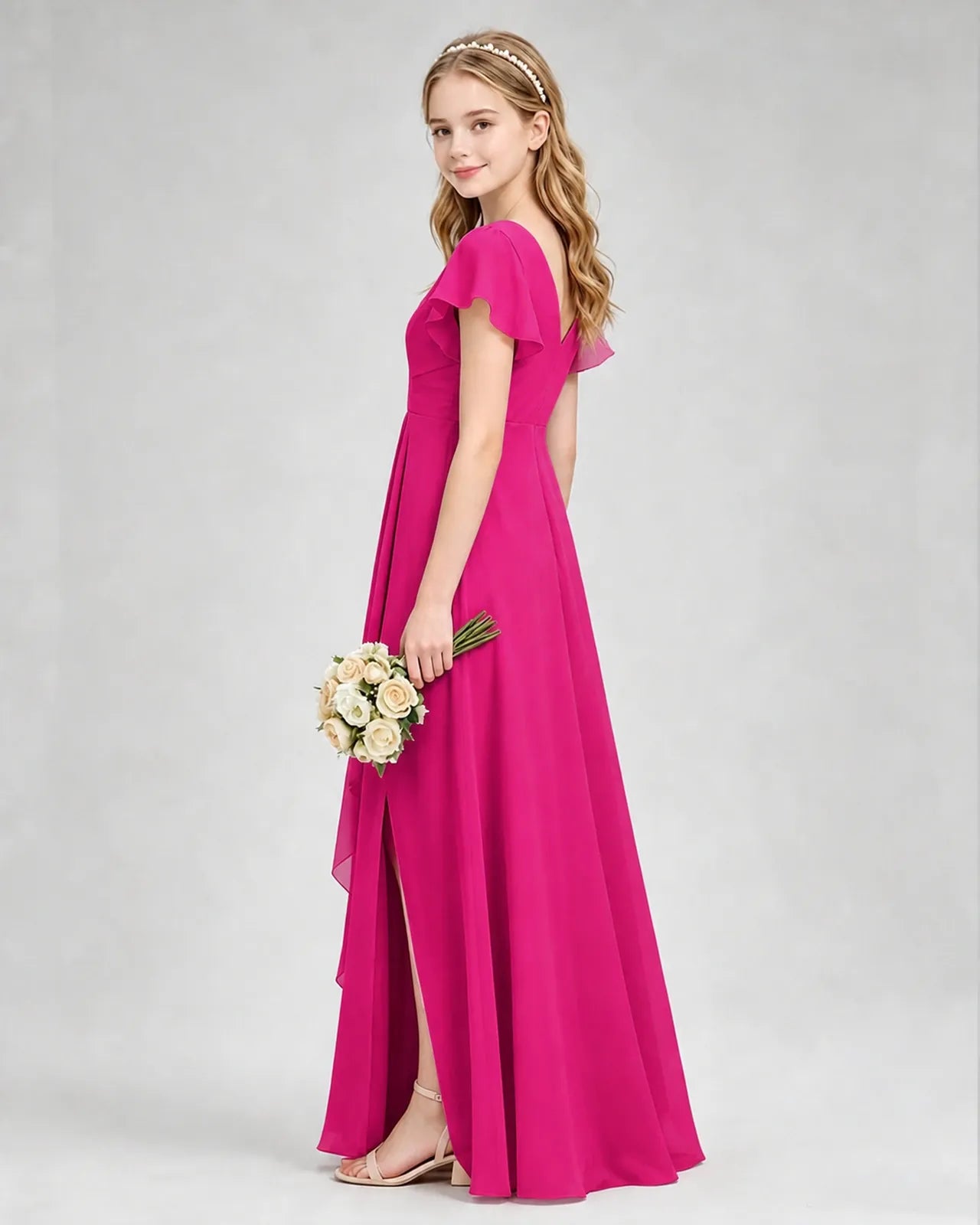 Hot Pink Chiffon A-line Junior Bridesmaid Dress Side View