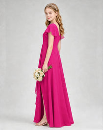 Dideyttawl Junior Bridesmaid Dress with Flutter Sleeves and Side Slit Chiffon Gown