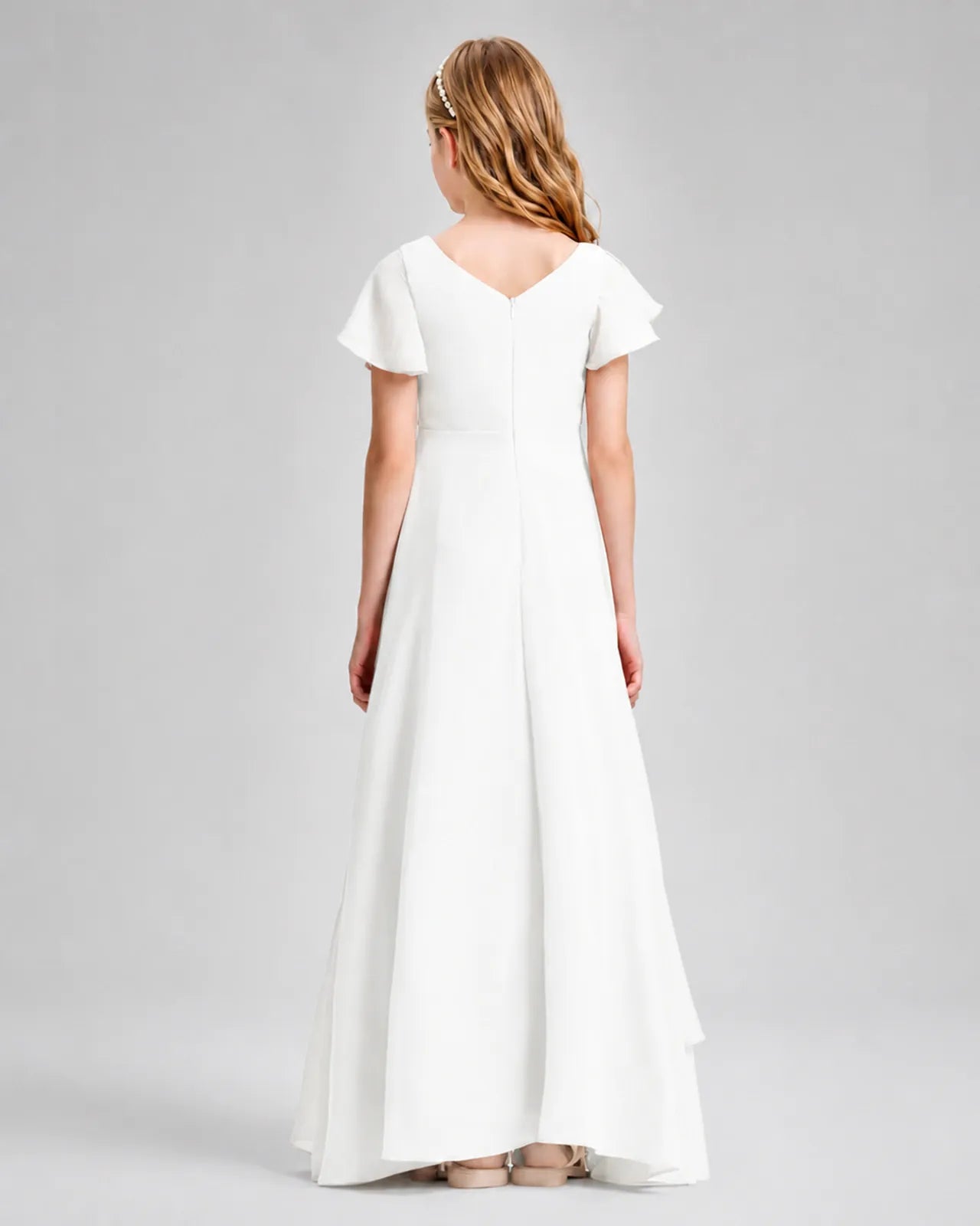 Ivory Chiffon A-line Junior Bridesmaid Dress Back View