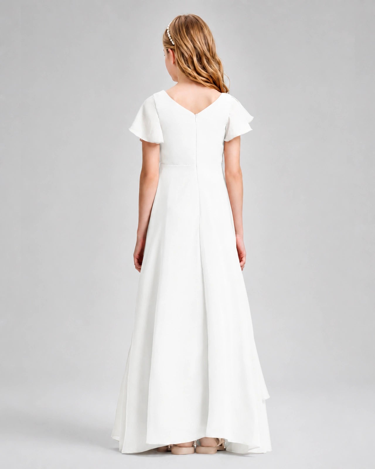 Dideyttawl Junior Bridesmaid Dress with Flutter Sleeves and Side Slit Chiffon Gown