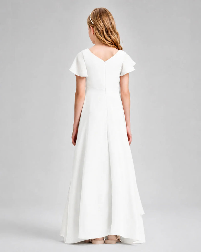 Ivory Chiffon A-line Junior Bridesmaid Dress Back View