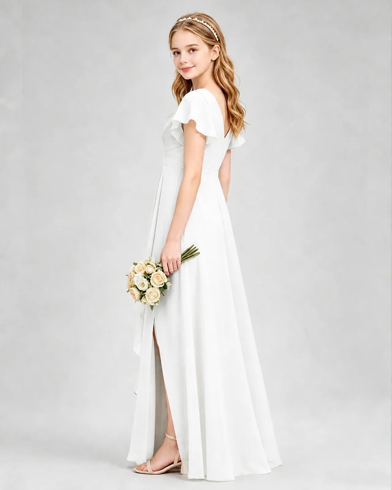 Ivory Chiffon A-line Junior Bridesmaid Dress Side View