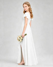 Dideyttawl Junior Bridesmaid Dress with Flutter Sleeves and Side Slit Chiffon Gown