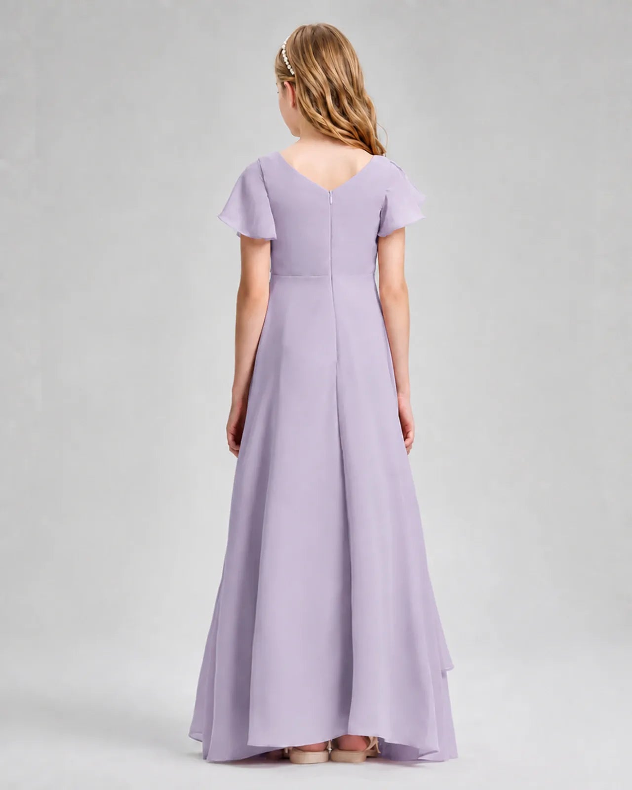 Lavender Chiffon A-line Junior Bridesmaid Dress Back View