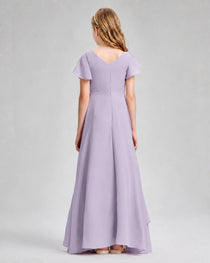 Dideyttawl Junior Bridesmaid Dress with Flutter Sleeves and Side Slit Chiffon Gown