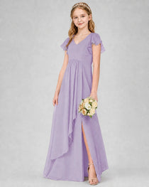 Dideyttawl Junior Bridesmaid Dress with Flutter Sleeves and Side Slit Chiffon Gown
