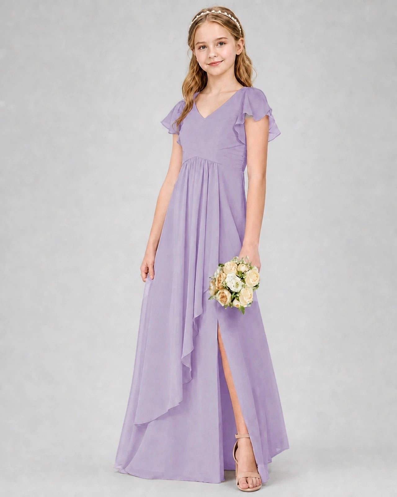 Dideyttawl Junior Bridesmaid Dress with Flutter Sleeves and Side Slit Chiffon Gown