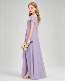 Dideyttawl Junior Bridesmaid Dress with Flutter Sleeves and Side Slit Chiffon Gown