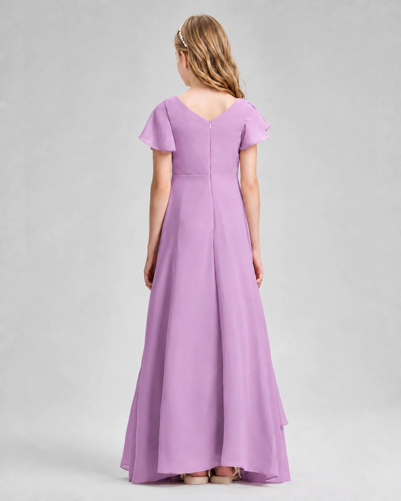 Dideyttawl Junior Bridesmaid Dress with Flutter Sleeves and Side Slit Chiffon Gown