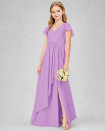Dideyttawl Junior Bridesmaid Dress with Flutter Sleeves and Side Slit Chiffon Gown