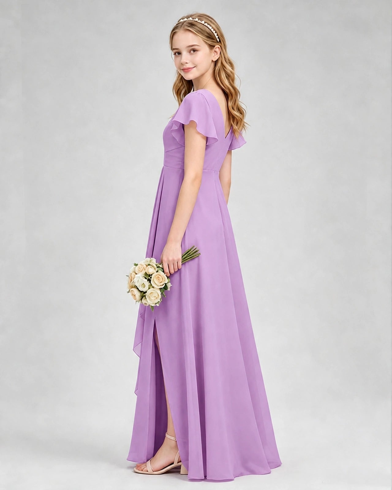 Dideyttawl Junior Bridesmaid Dress with Flutter Sleeves and Side Slit Chiffon Gown