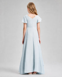 Dideyttawl Junior Bridesmaid Dress with Flutter Sleeves and Side Slit Chiffon Gown
