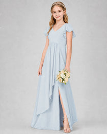 Dideyttawl Junior Bridesmaid Dress with Flutter Sleeves and Side Slit Chiffon Gown