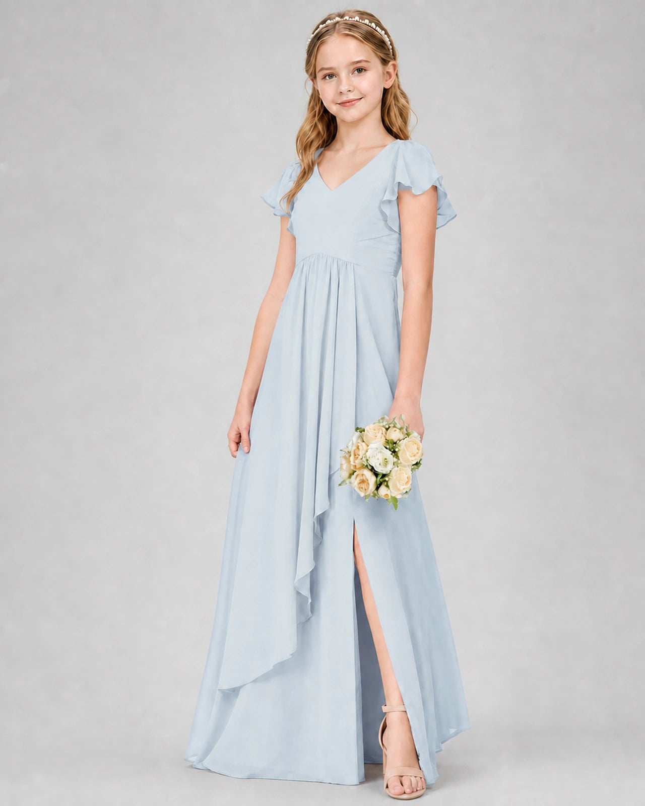 Dideyttawl Junior Bridesmaid Dress with Flutter Sleeves and Side Slit Chiffon Gown