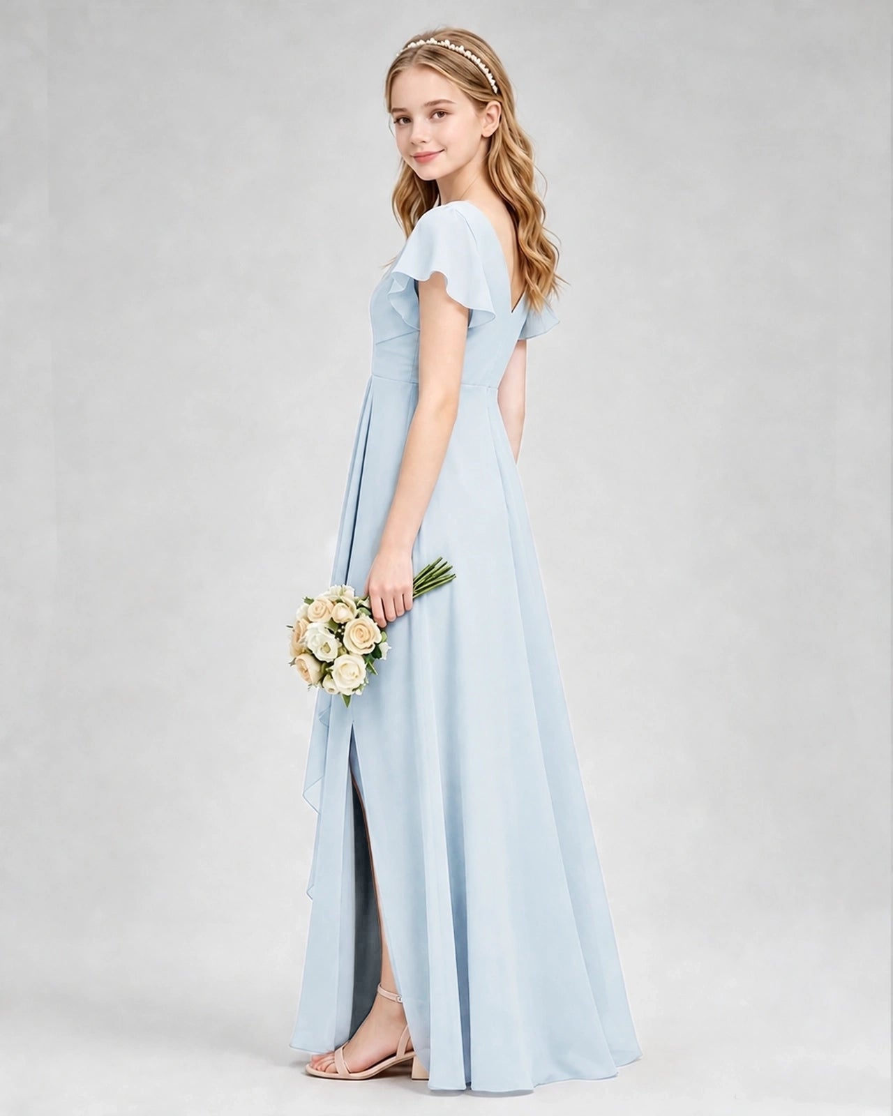 Dideyttawl Junior Bridesmaid Dress with Flutter Sleeves and Side Slit Chiffon Gown