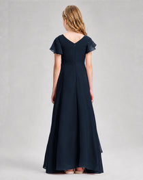Dideyttawl Junior Bridesmaid Dress with Flutter Sleeves and Side Slit Chiffon Gown