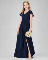 Navy Blue Chiffon A-line Junior Bridesmaid Dress Front View