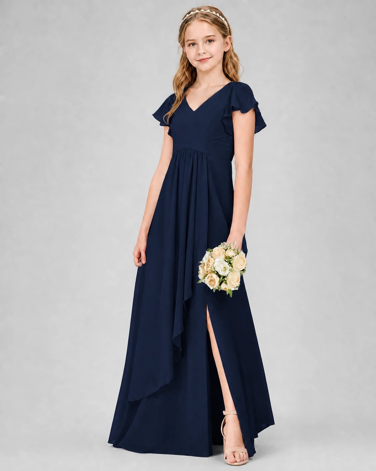 Dideyttawl Junior Bridesmaid Dress with Flutter Sleeves and Side Slit Chiffon Gown