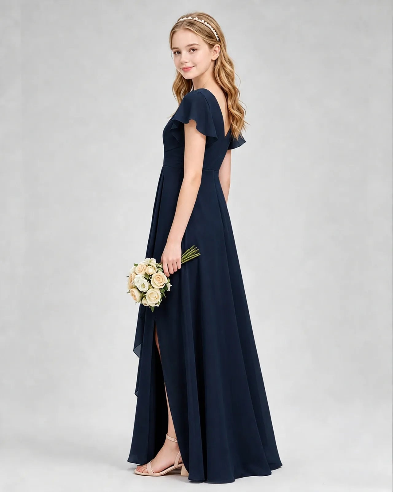 Navy Blue Chiffon A-line Junior Bridesmaid Dress Side View
